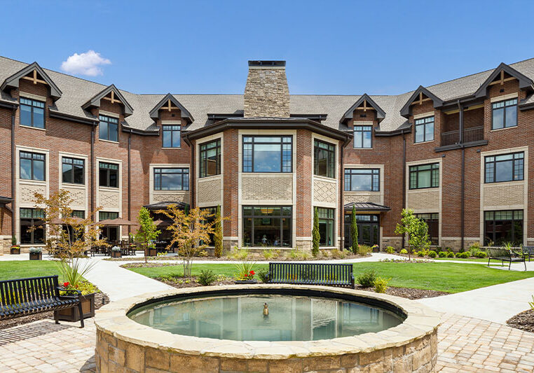 Exterior view of a senior living facility courtyard