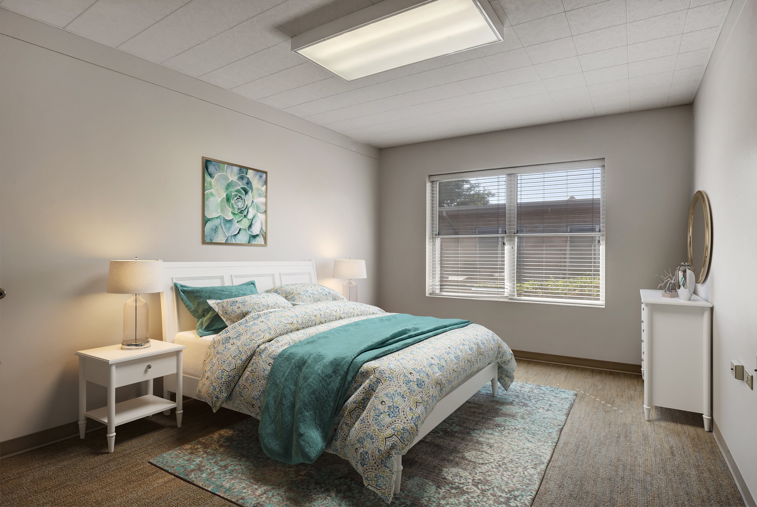 Bright, inviting resident room with light decor