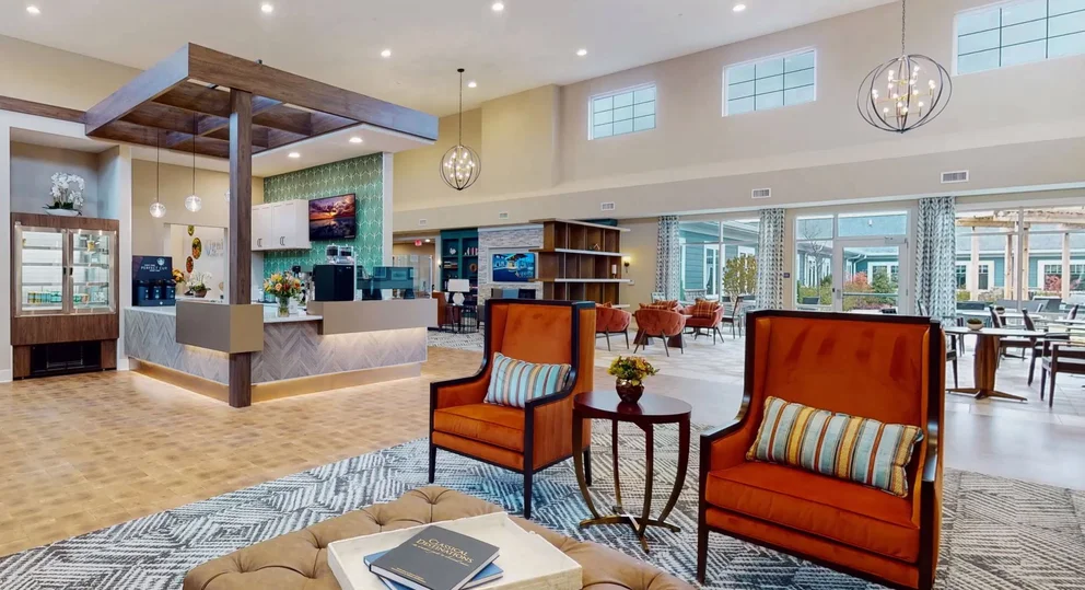 Bright common area with seating and decor