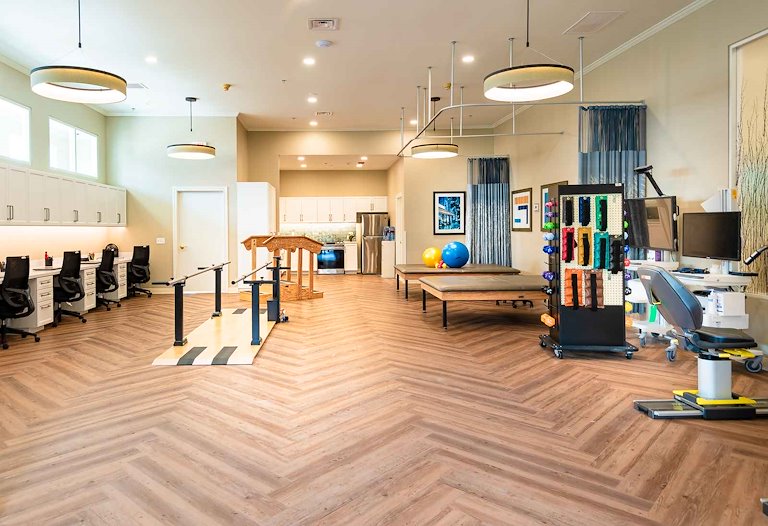 Rehabilitation space with therapy equipment and workstations.