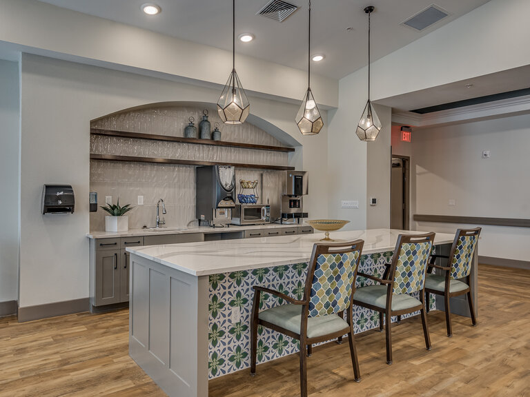 Modern interior kitchen area with seating