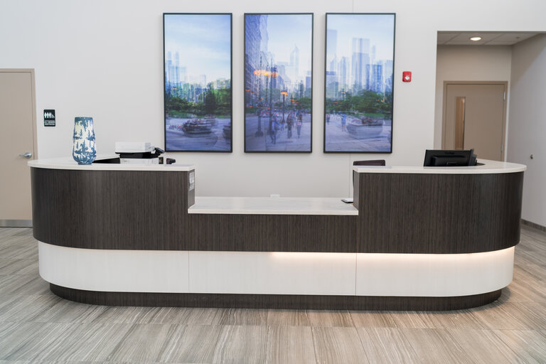 Reception area with modern design and artwork