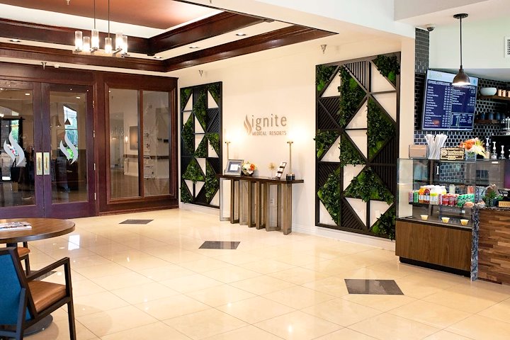 Lobby area of Ignite Medical Resort with modern decor.