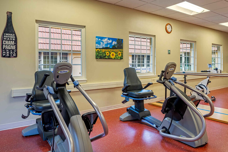 Fitness equipment in a brightly lit room with windows.