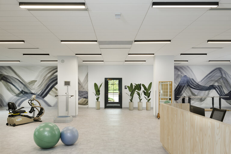 Bright interior space with exercise equipment and decor.