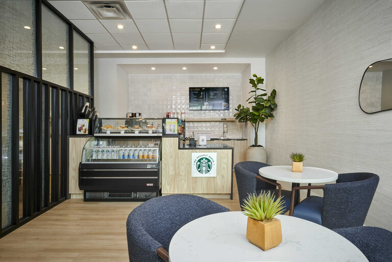Modern interior cafe with seating and plants