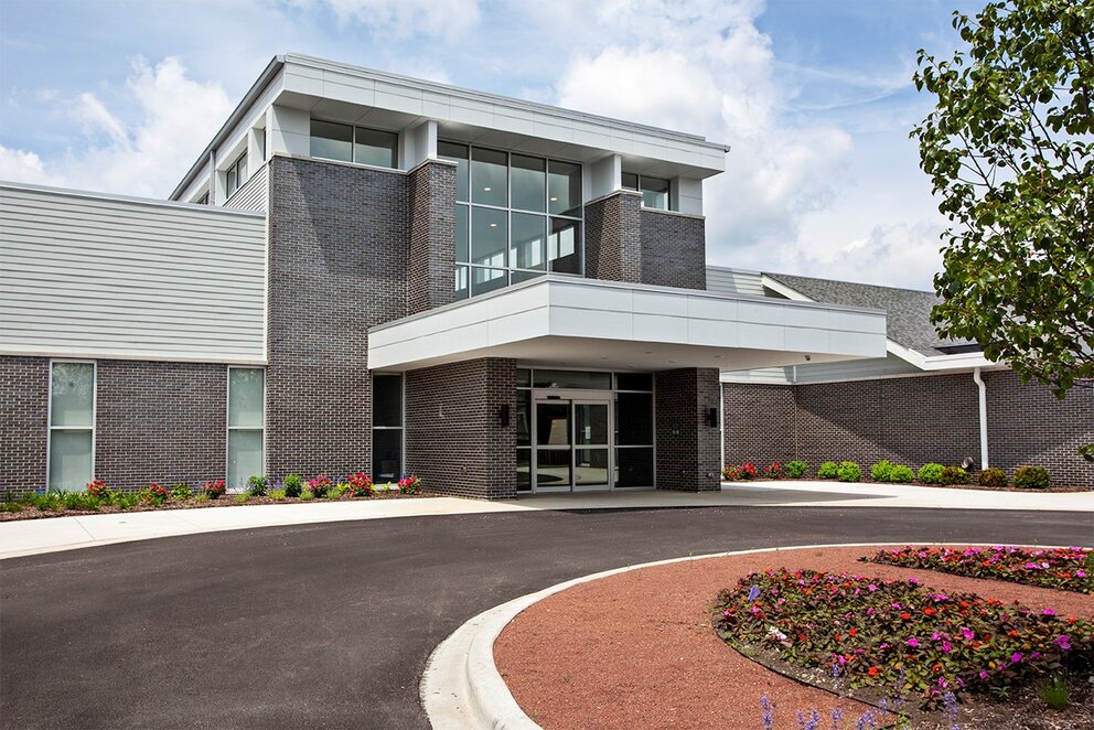 Modern exterior of assisted living facility