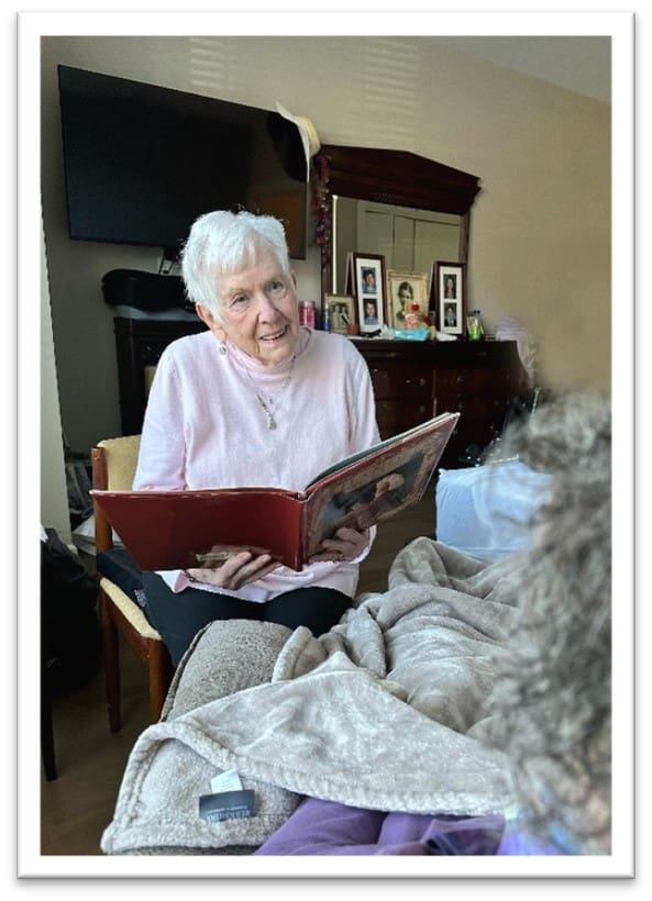 Elderly woman reading a book in a cozy setting.