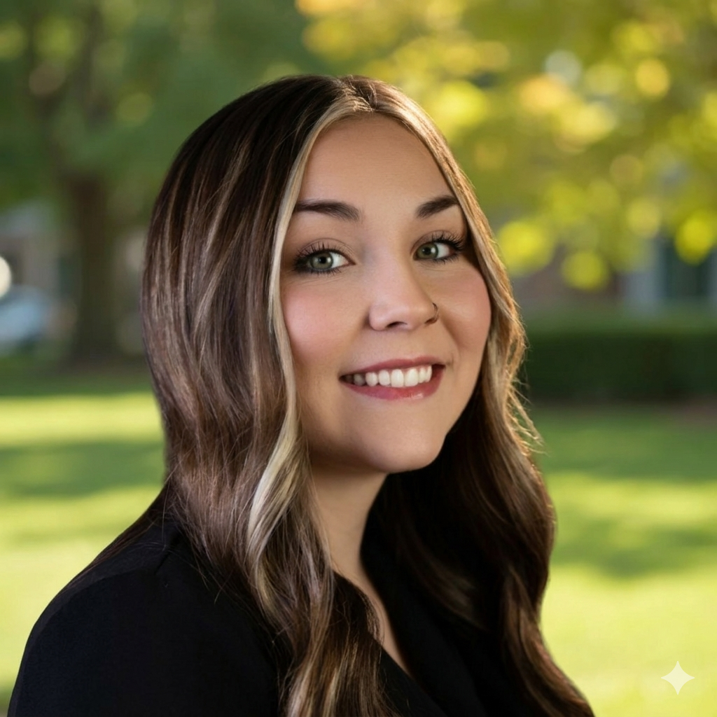 Smiling woman outdoors with green background.
