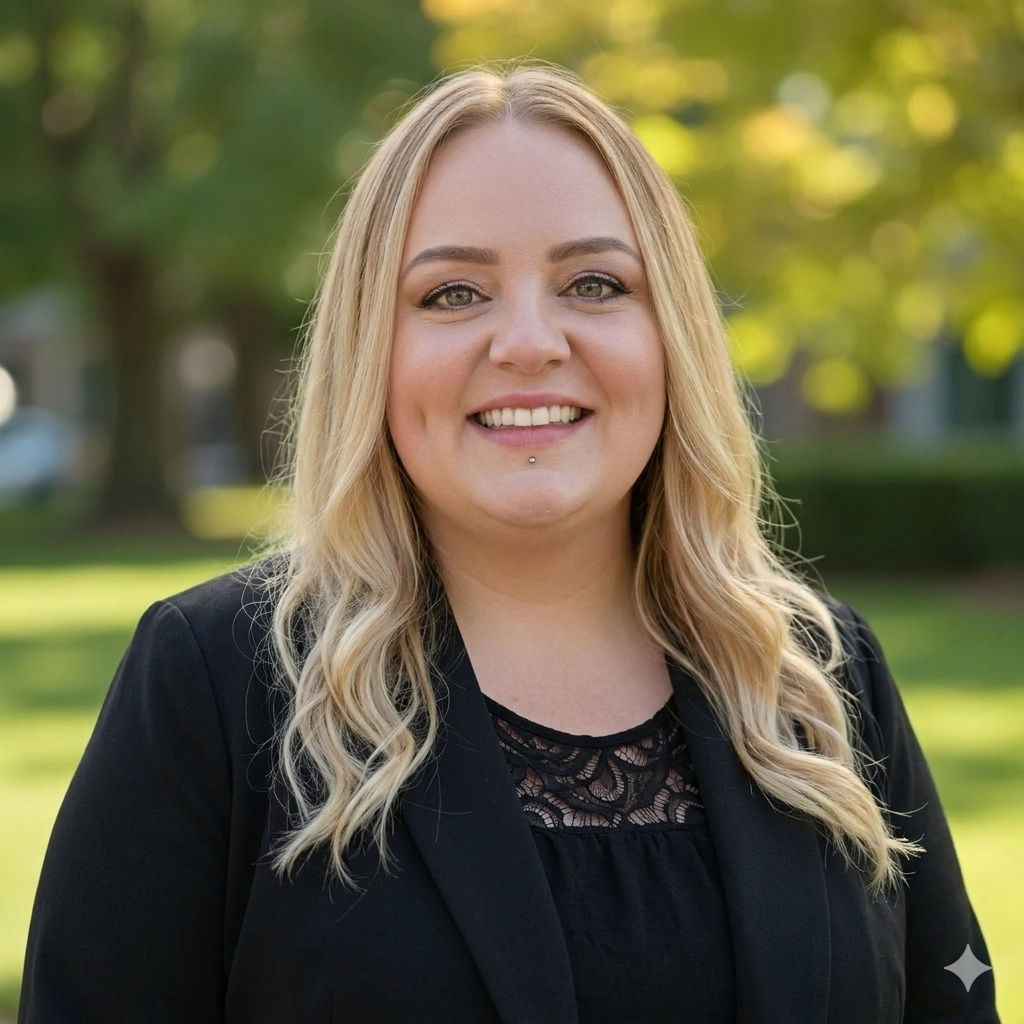 Smiling staff member outdoors in professional attire.