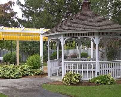 A serene outdoor gazebo in a garden