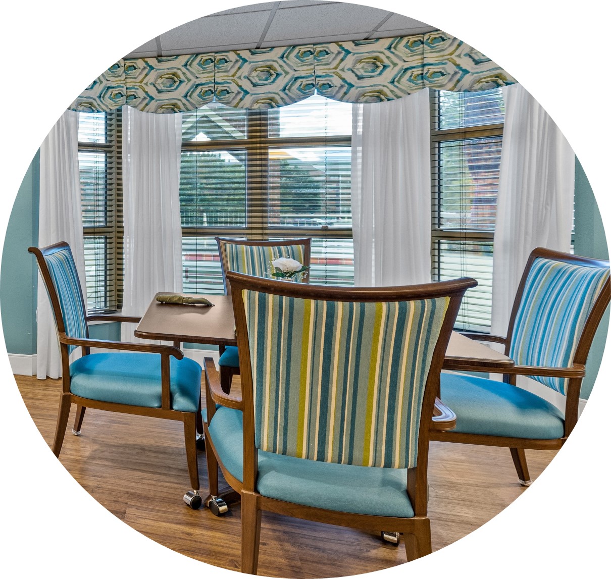 Bright and inviting common area with seating.