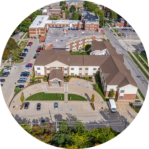 Aerial view of the assisted living facility exterior.