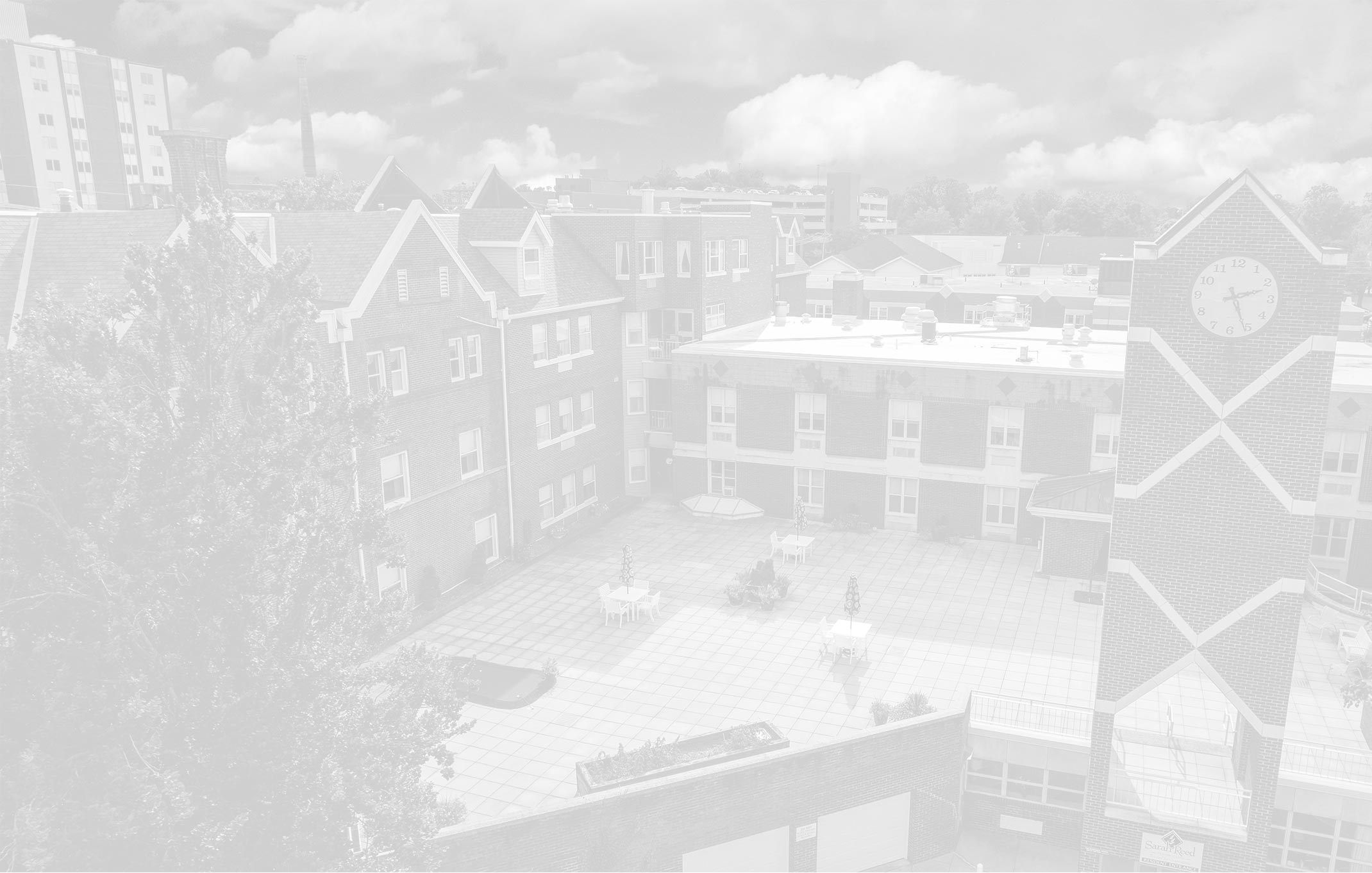 Aerial view of a courtyard with seating areas.