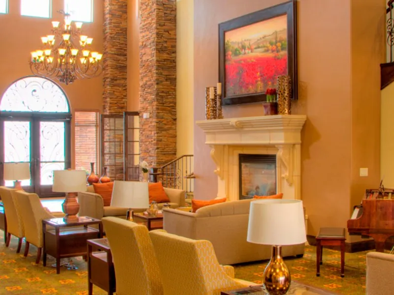 Interior view of a cozy common area in a senior living facility