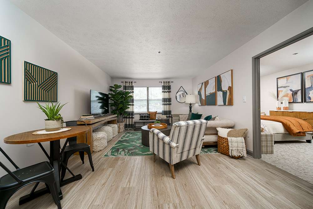 Bright interior of a common area with seating and decor