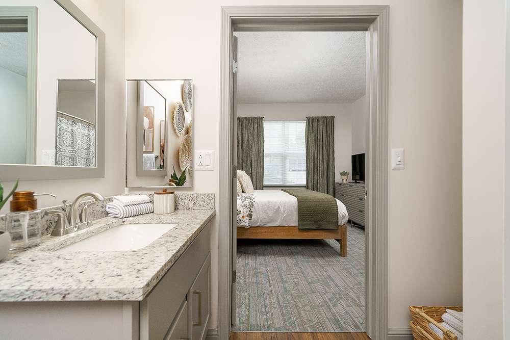 View of a private resident room with bathroom