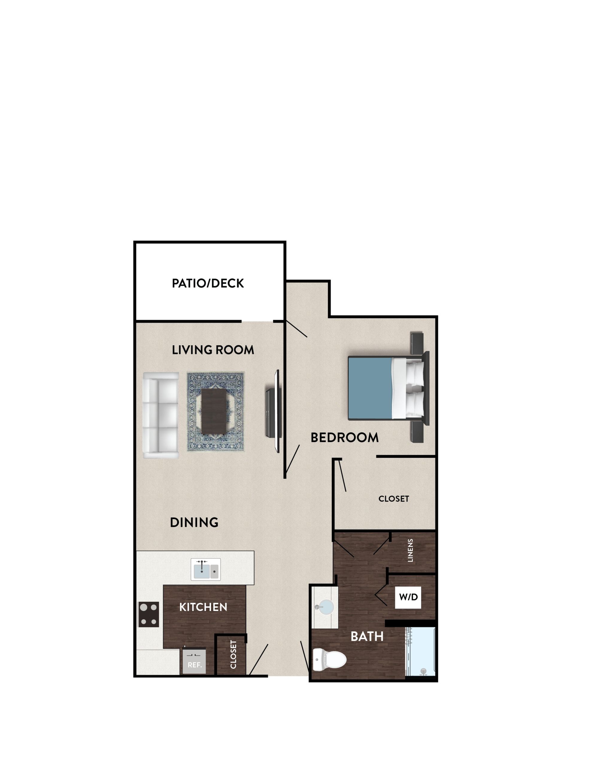 Architectural floor plan of a one-bedroom unit
