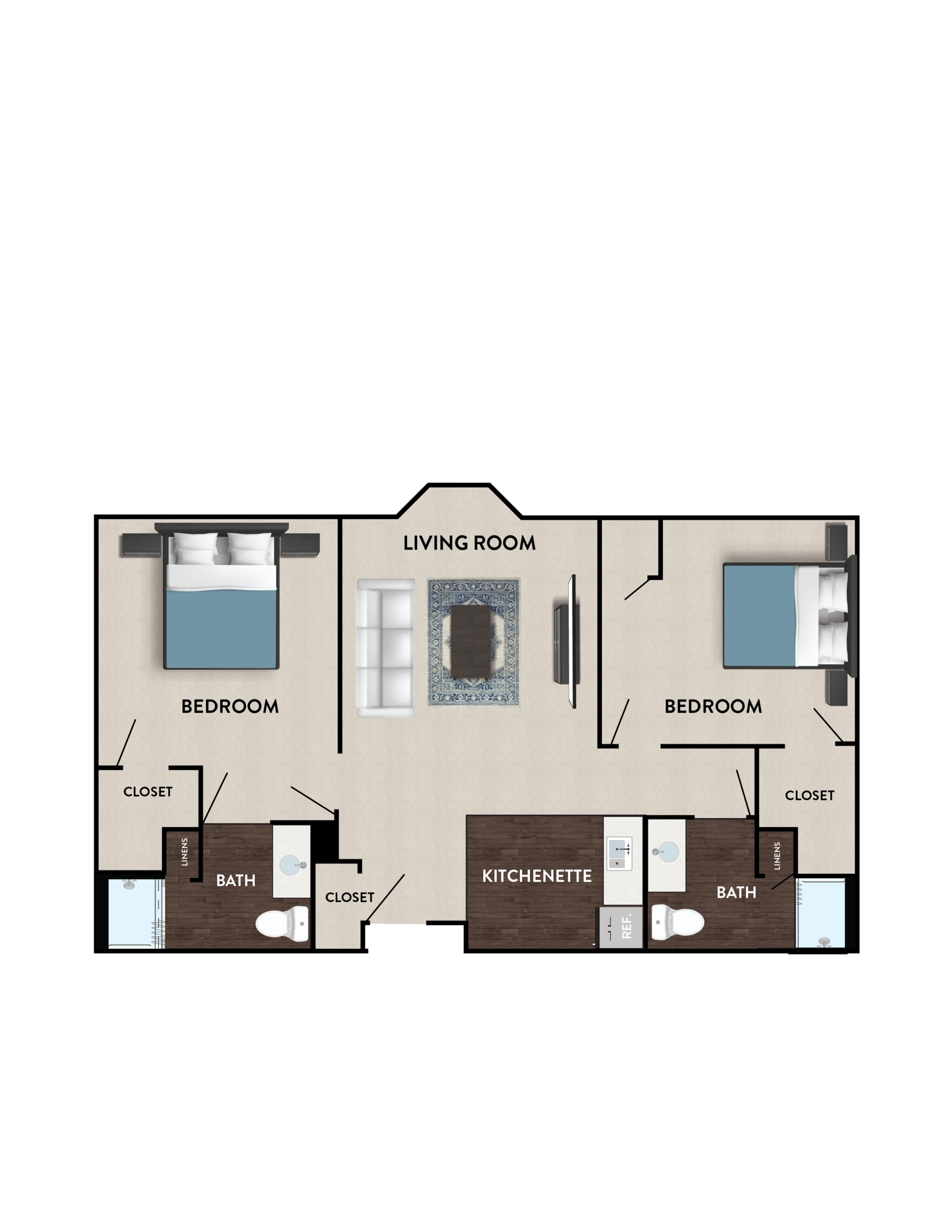 Architectural floor plan of a two-bedroom unit