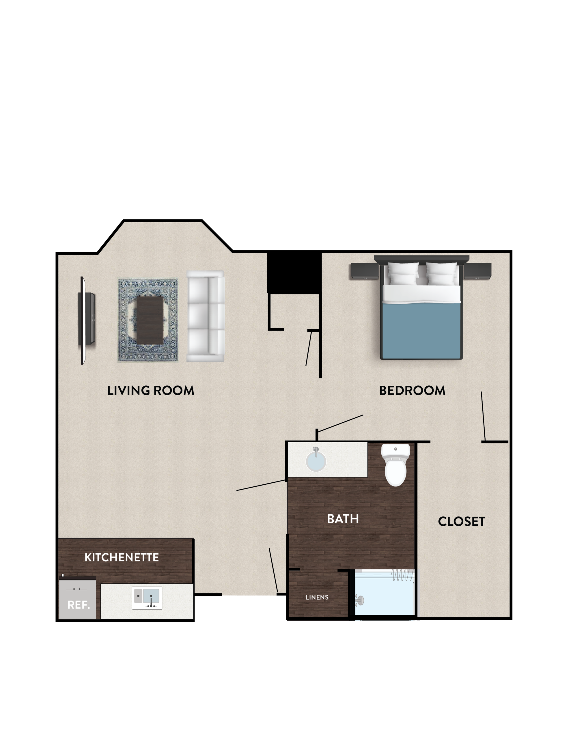 Architectural floor plan of a one-bedroom unit