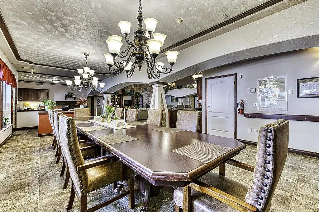 Interior view of a dining room with elegant lighting