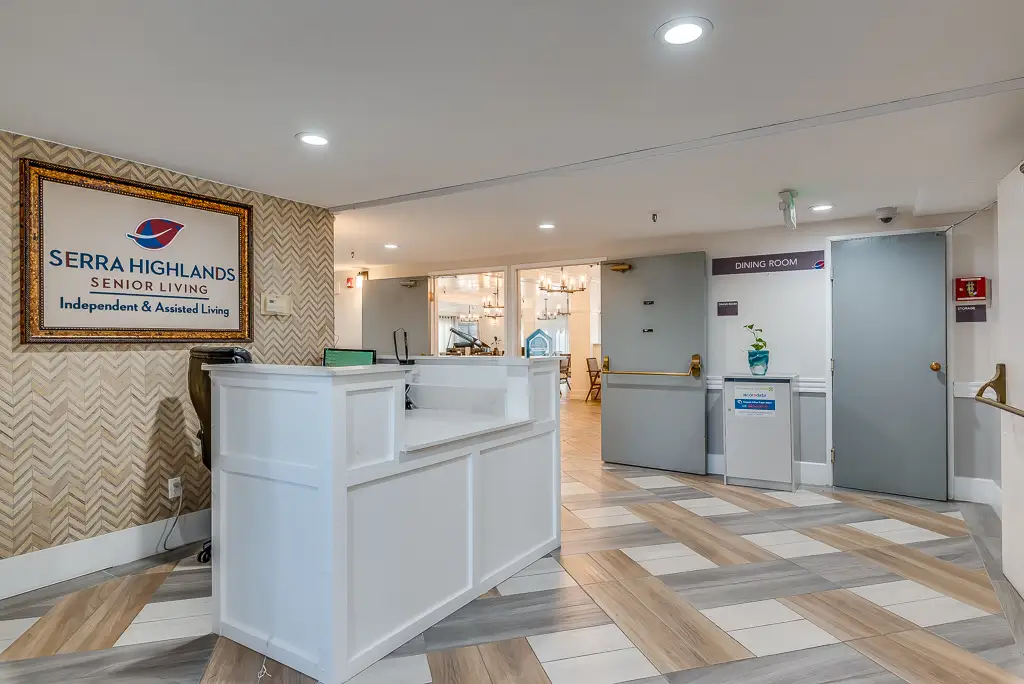 Interior view of the dining area and reception desk