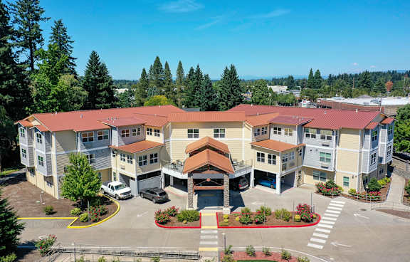 Aerial view of Aventine at Vancouver building surrounded by greenery