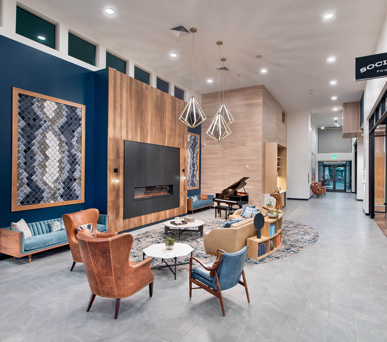 Bright and welcoming interior lobby of a senior living facility