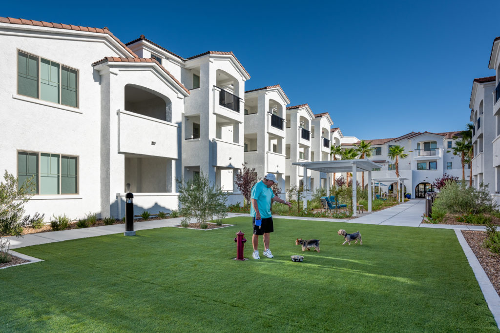 Resident walking dogs in landscaped courtyard