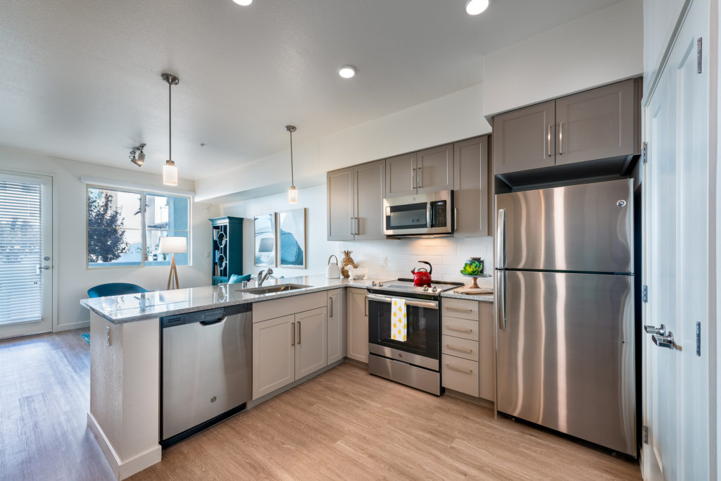 Modern kitchen interior with stainless steel appliances