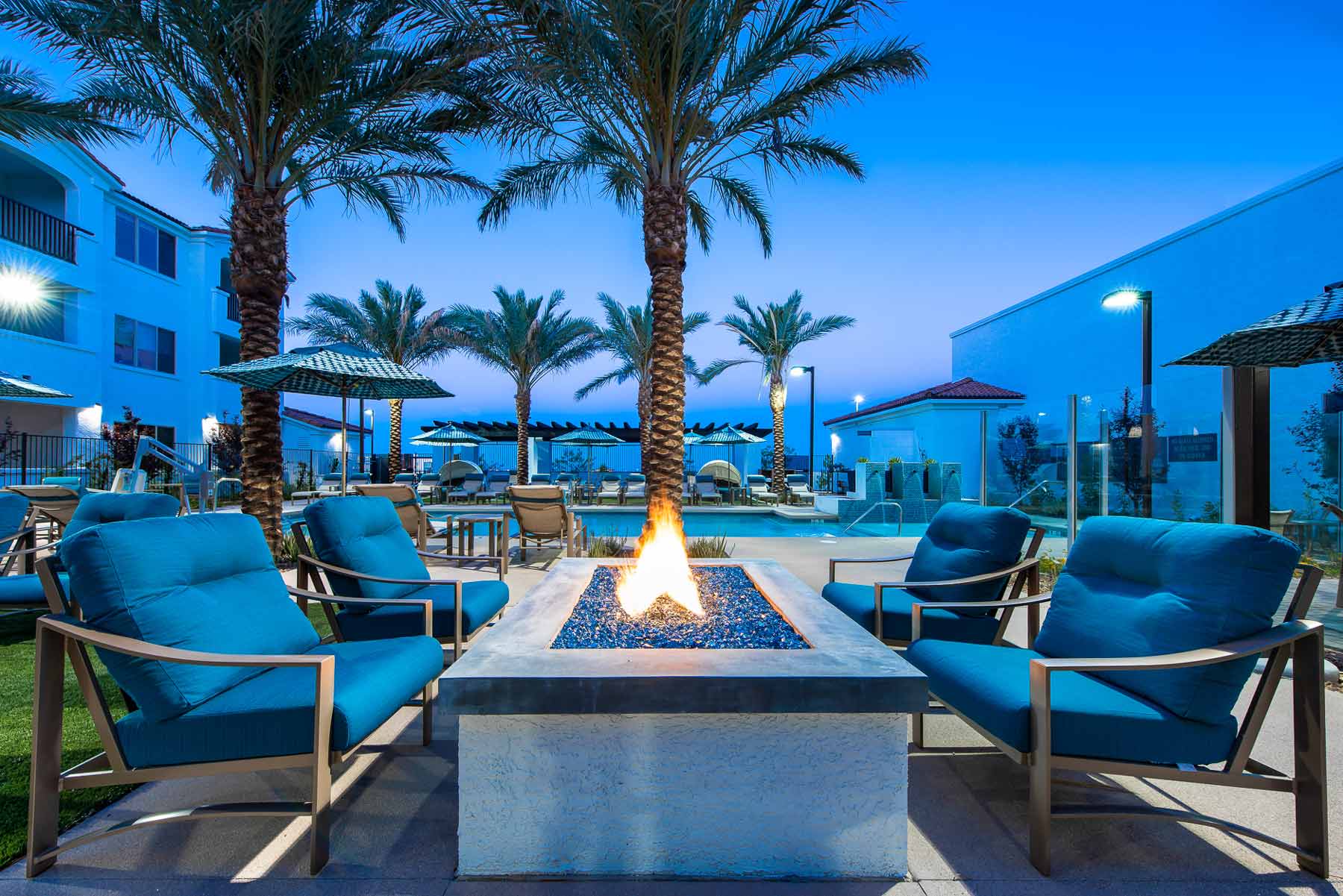 Outdoor seating area with fire pit and palm trees