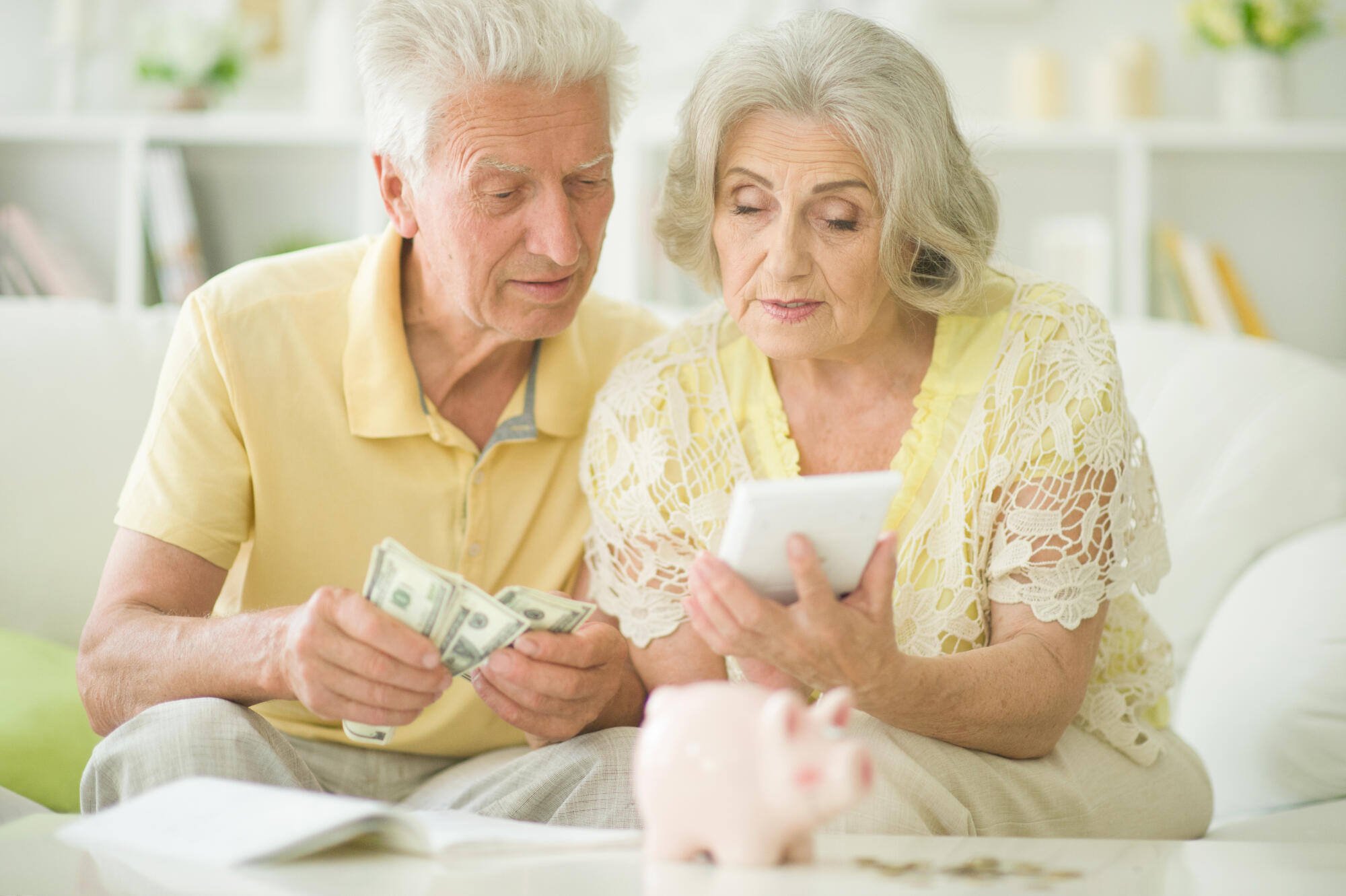 Elderly couple reviewing finances with money and calculator
