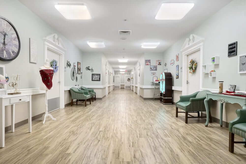 Interior hallway of a senior living facility