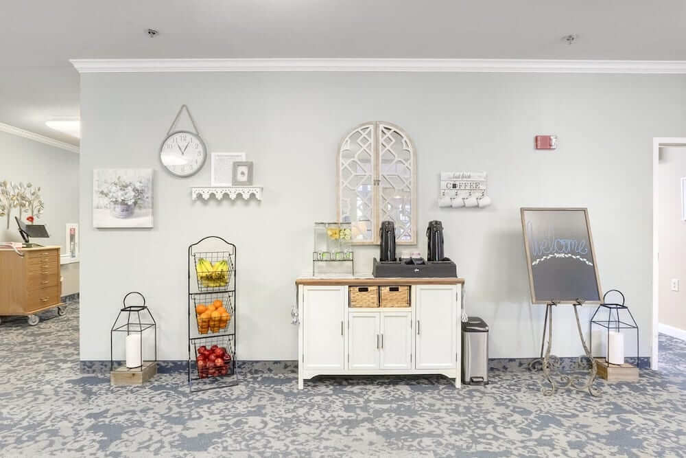 Interior view of a dining area with refreshments