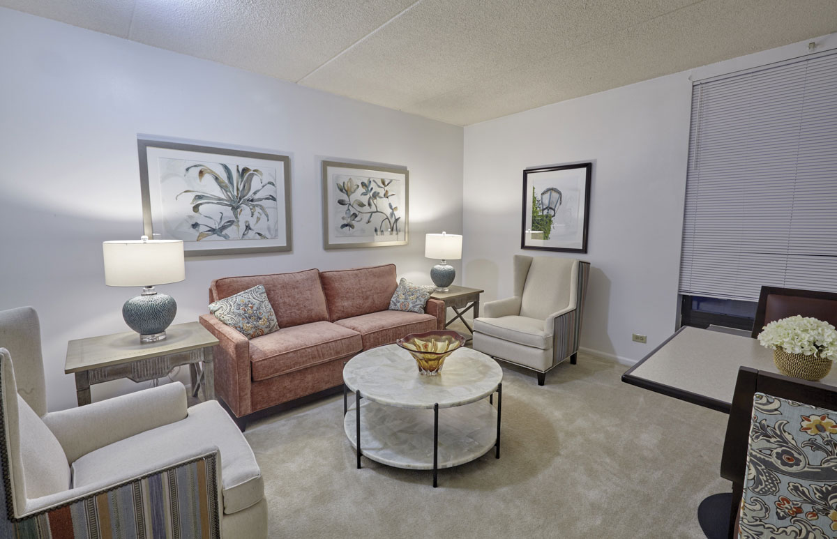 Cozy living room area in a senior living facility