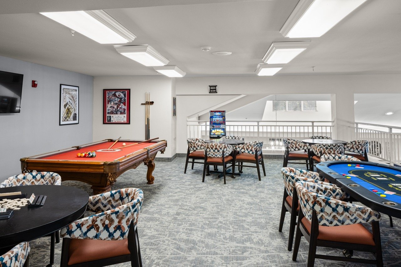 Activity room with pool table and seating