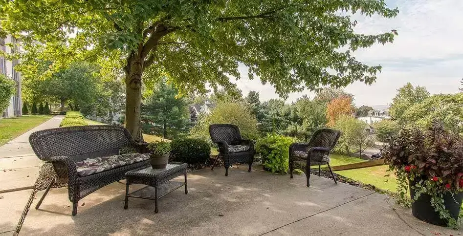 Outdoor seating area with chairs and a table