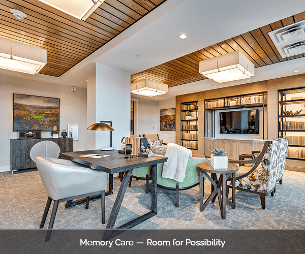 Bright and inviting memory care common area