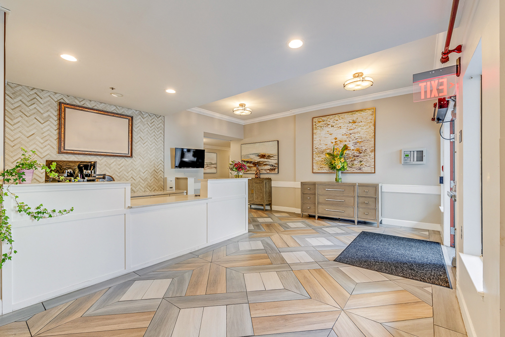 Bright and inviting reception area of a senior living facility