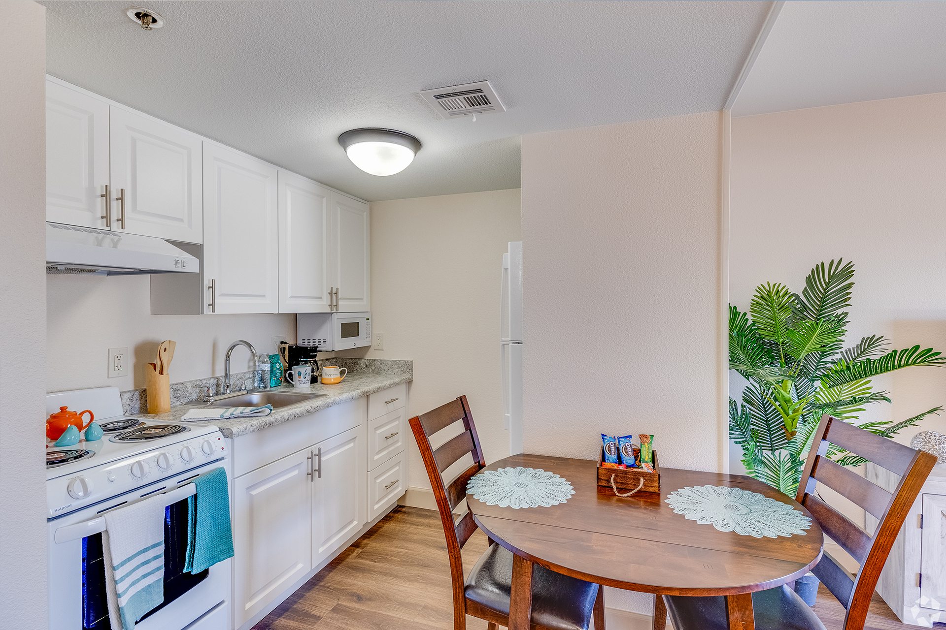 Bright, well-equipped kitchen area in a resident unit