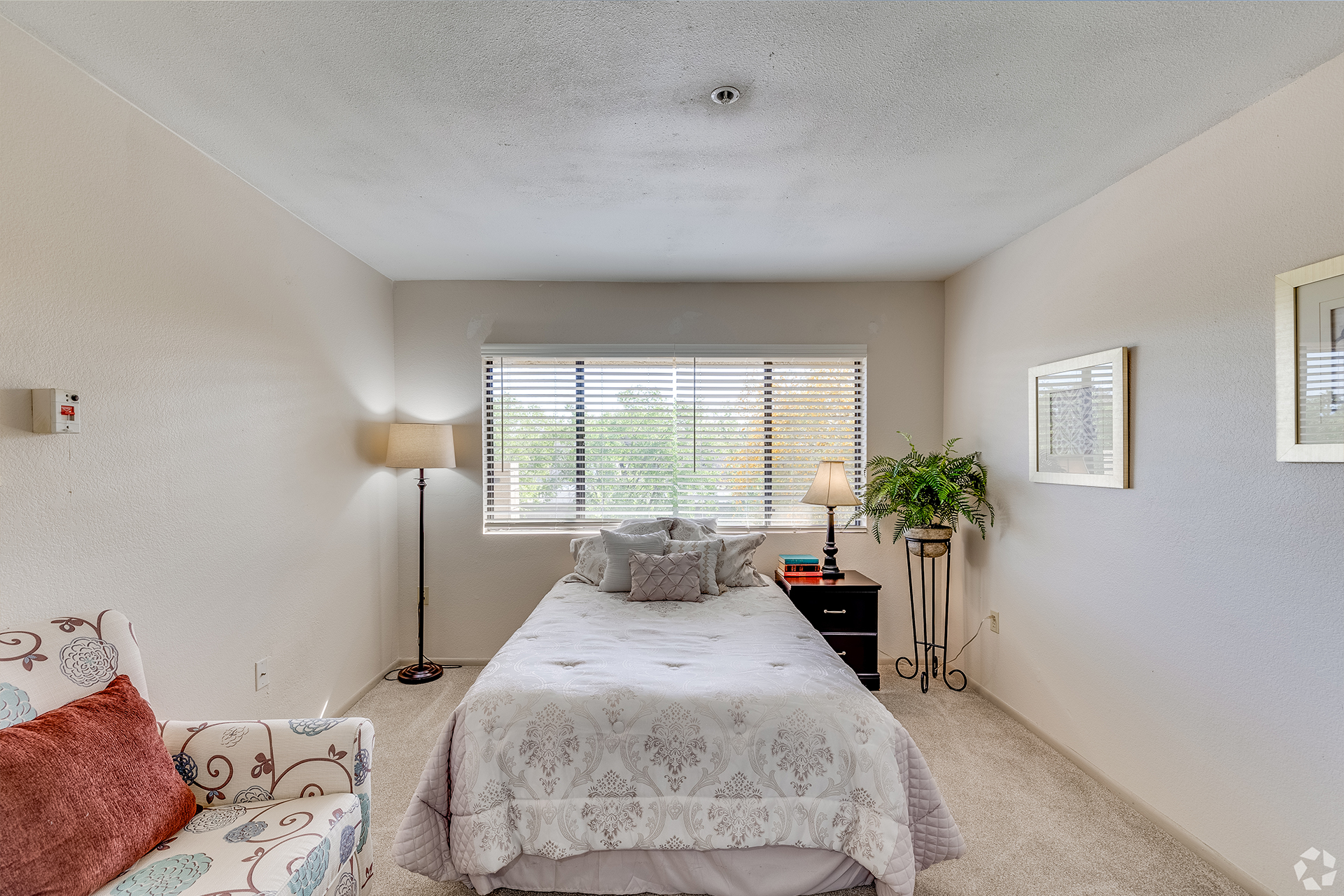A cozy resident room with natural light
