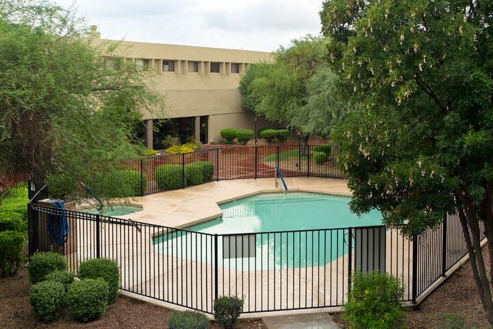 View of a pool area surrounded by greenery