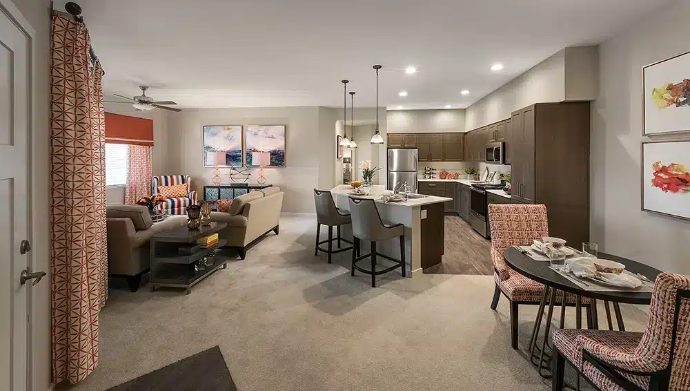 Bright interior living space with dining area and kitchen
