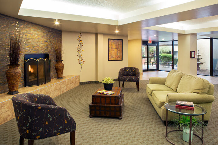 Interior seating area with a fireplace and plants