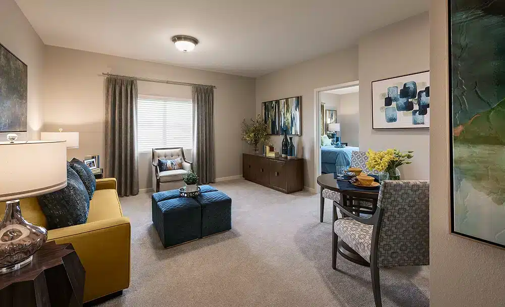 Brightly decorated interior of a resident room