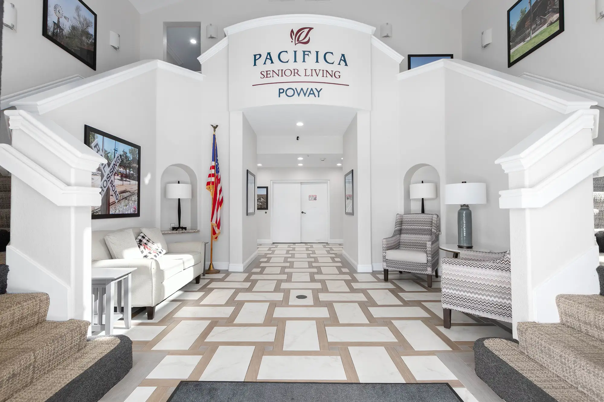Interior view of the Pacifica Senior Living Poway lobby