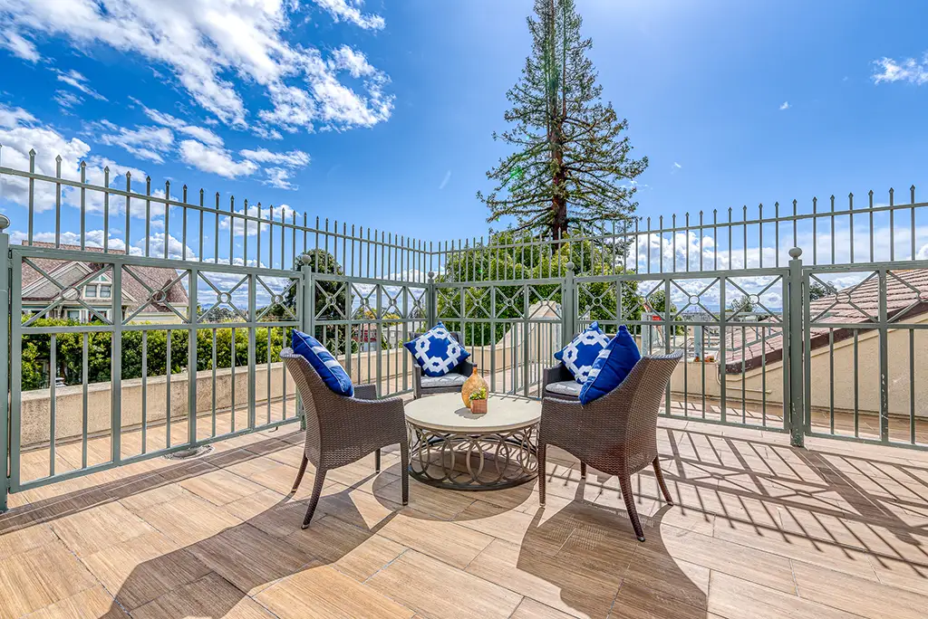 Outdoor seating area with chairs and a table