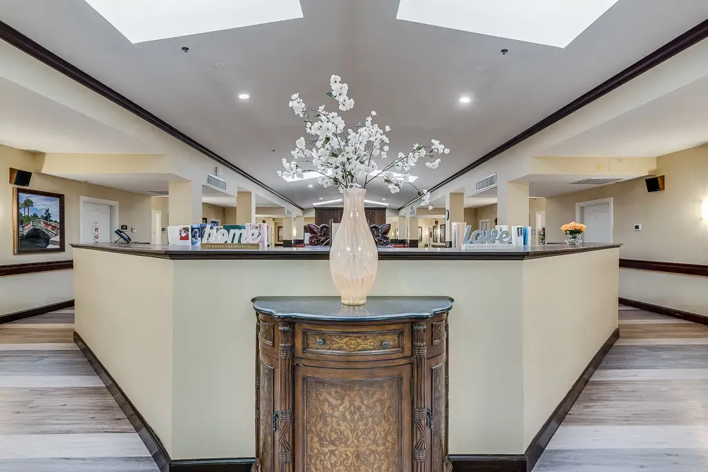 Interior lobby area with floral decoration