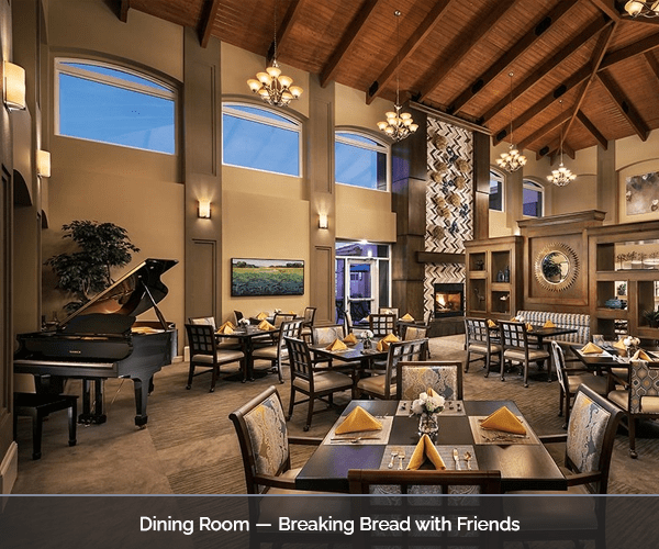 Bright dining room with tables set for meals