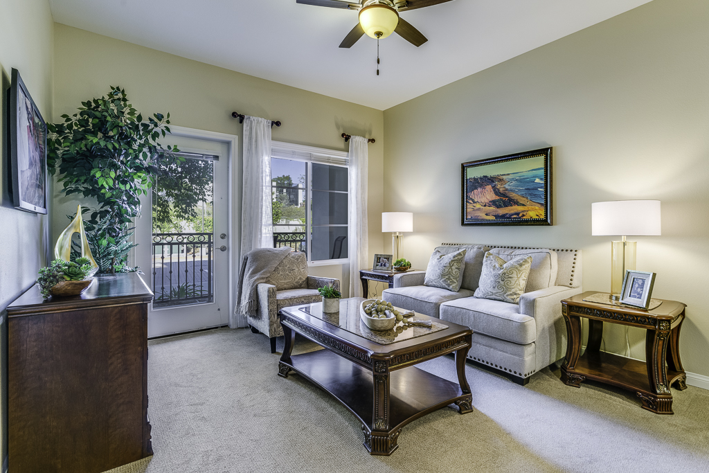 Cozy living room in a senior living unit